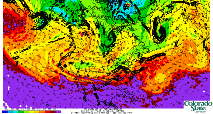 GFS Dynamic tropopause potential temperature and winds; low-level relative vorticity (click image for animation)