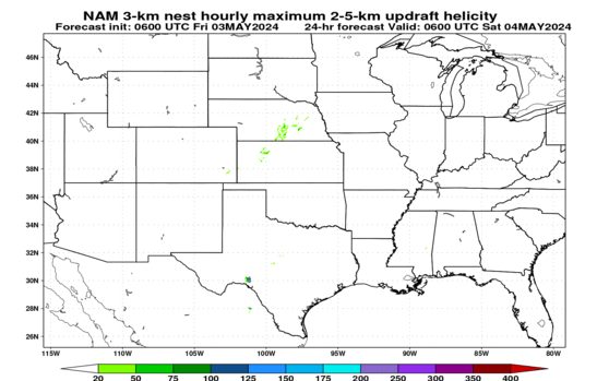NAM nest hourly maximum 2--5-km updraft helicity, central US (click image for animation)
