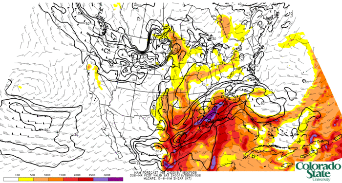 NAM mean-layer CAPE and 0--6-km vector shear (click image for animation)