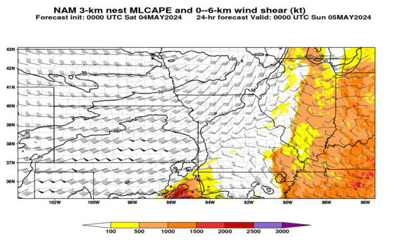 NAM 3-km nest MLCAPE and 0–6-km shear (click image for animation)