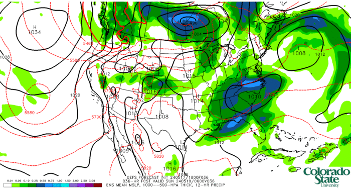 GEFS mean: MSLP, 1000--500-hPa thickness, 12-hr precip (click image for animation)