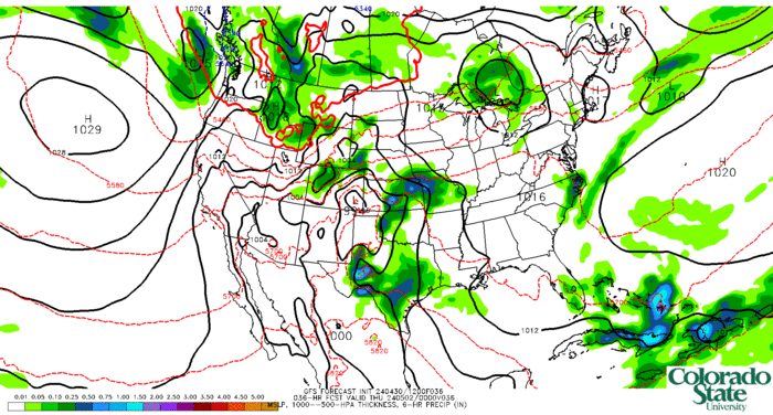 GFS MSLP, 1000--500-hPa thickness, 6-hr precip (click image for animation)