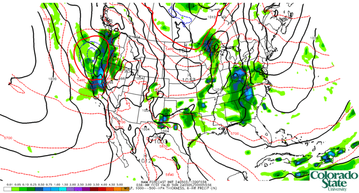 NAM MSLP, 1000--500-hPa thickness, 6-hr precip (click image for animation)