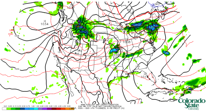 NAM MSLP, 1000--500-hPa thickness, 6-hr precip (click image for animation)