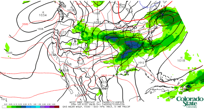 SREF mean: MSLP, 1000--500-hPa thickness, 12-hr precip (click image for animation)