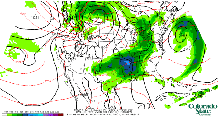 SREF mean: MSLP, 1000--500-hPa thickness, 12-hr precip (click image for animation)