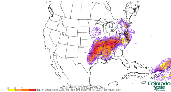 GEFS probability of MUCAPE > 500 J/kg, surface to 500-hPa shear > 30 kt, and > 0.01