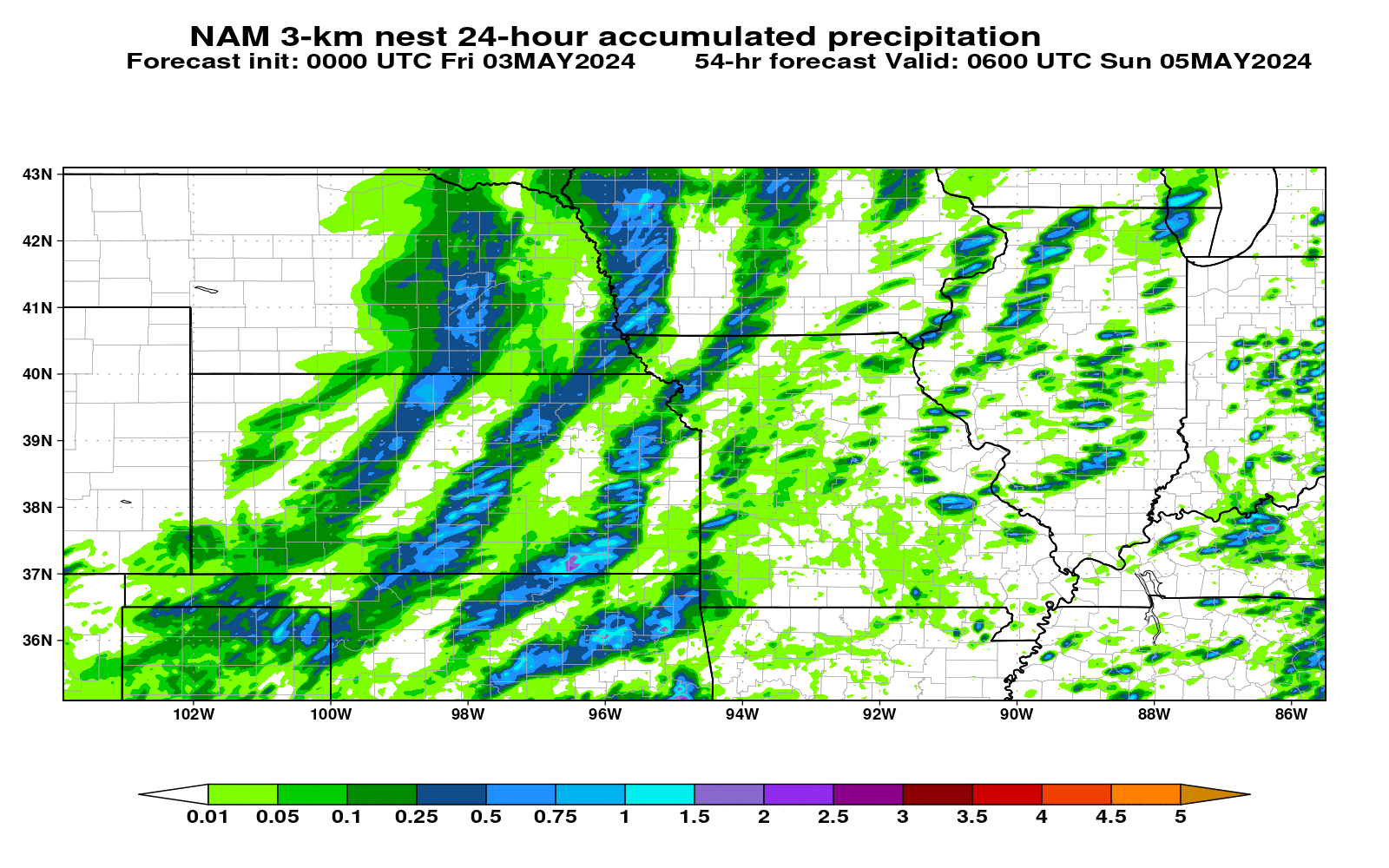 NAM 3-km nest precipitation forecast (06Z--06Z WxChallenge forecast period)