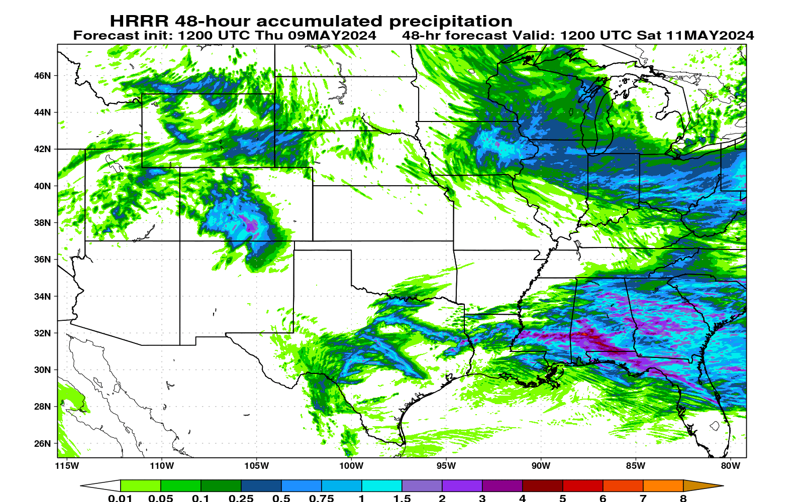 HRRR total accumulated precipitation (central US)