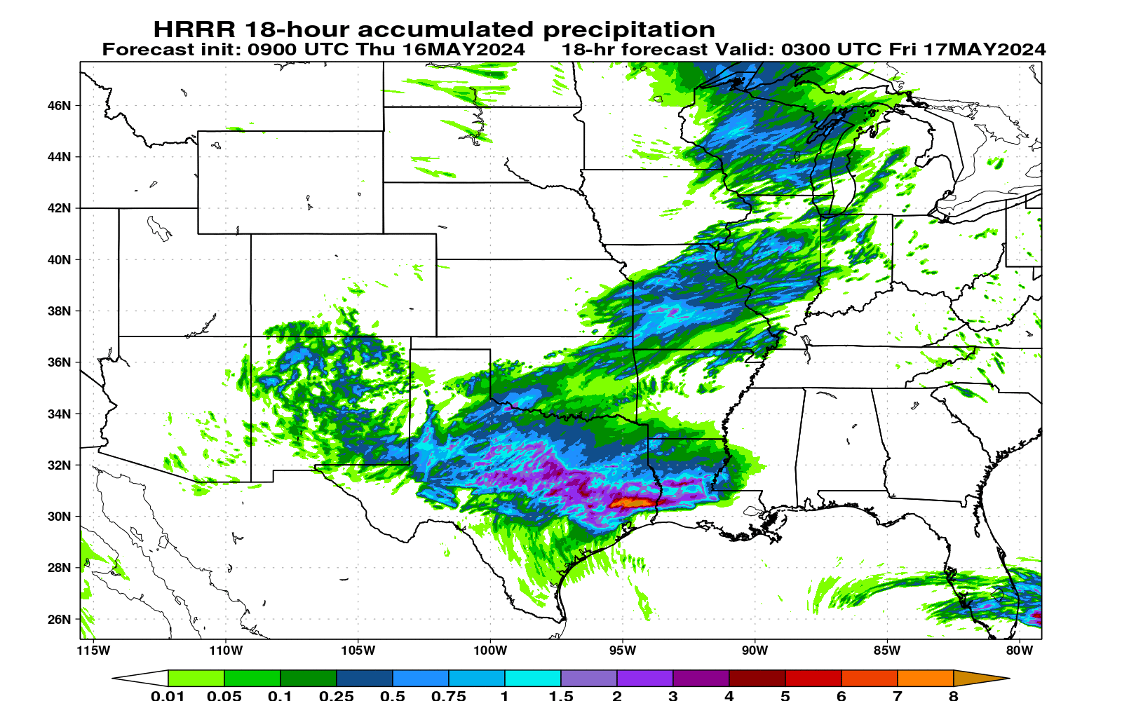 HRRR total accumulated precipitation (central US)
