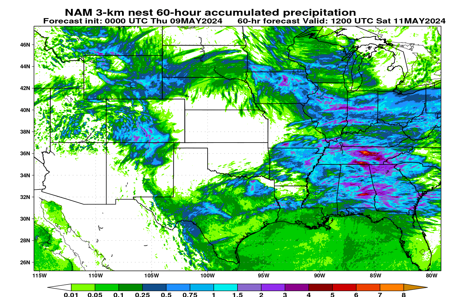 NAM nest 60-hour total accumulated precipitation (central US)