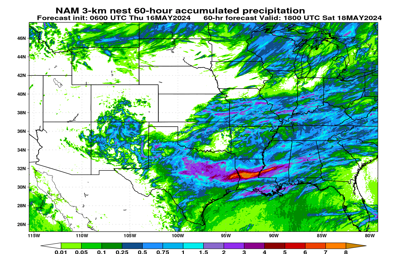 NAM nest 60-hour total accumulated precipitation (central US)