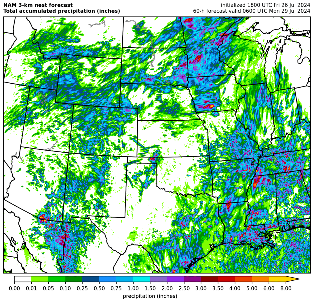 NAM nest total accumulated precipitation (central US)