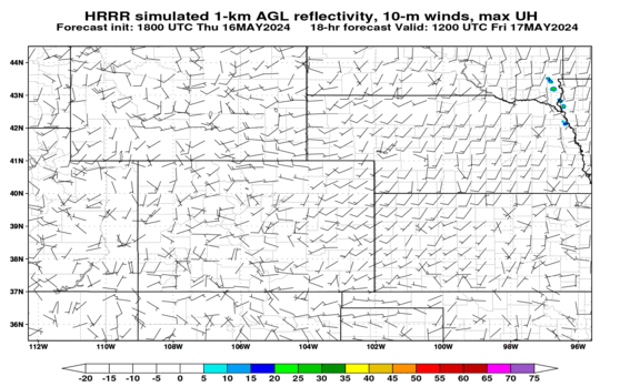 HRRR simulated reflectivity at 1000 m AGL and 10-m winds (click image for animation)