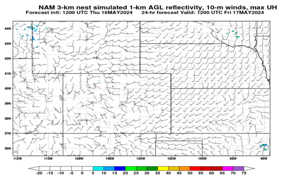 NAM nest simulated reflectivity at 1000 m AGL and 10-m winds (click image for animation)