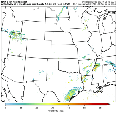 NAM nest simulated reflectivity at 1000 m AGL, central US (click image for animation)