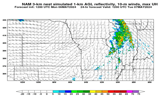 NAM 3-km nest simulated reflectivity at 1000 m AGL and 10-m winds (click image for animation)