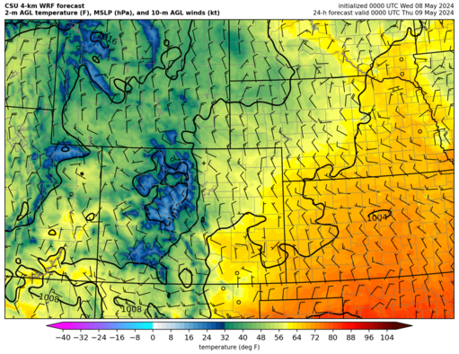 2-m temp, 10-m winds, MSLP (Colorado) (click image for animation)