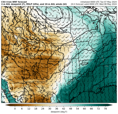 2-m dewpoint, 10-m winds, MSLP (full domain) (click image for animation)