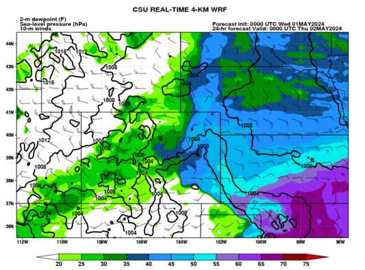 2-m dewpoint, 10-m winds, MSLP (Colorado) (click image for animation)