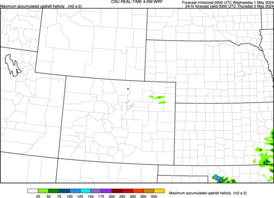 Accumulated maximum updraft helicity in 2–5-km layer (Colorado) (click image for animation)