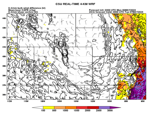 Mean-layer CAPE and 0–6-km shear (Colorado) (click image for animation)