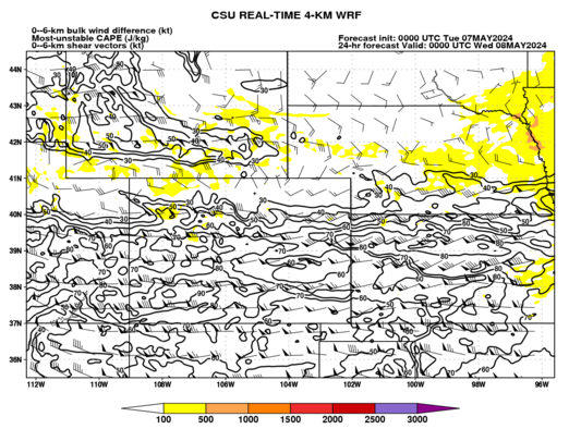 Most-unstable CAPE and 0–6-km shear (Colorado) (click image for animation)