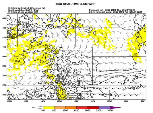 Most-unstable CAPE and 0–6-km shear (Colorado) (click image for animation)
