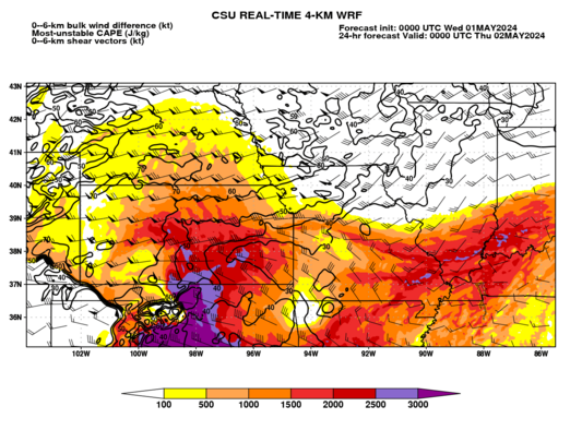 Most-unstable CAPE and 0–6-km shear (zoom) (click image for animation)
