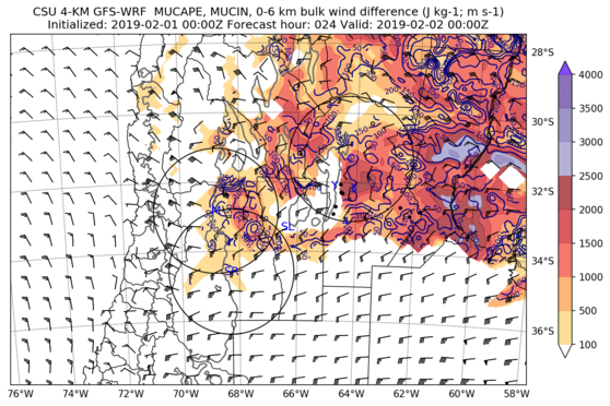 Most-unstable CAPE and 0--6-km shear (full domain) (click image for animation)