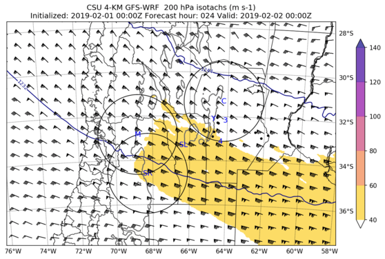 200-hPa isotachs, heights, and winds (full domain) (click image for animation)